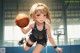 A girl in a basketball uniform holding a basketball.