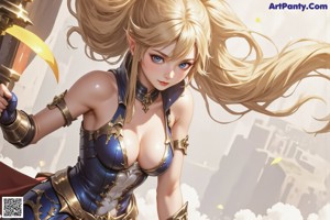 A woman in a blue and gold outfit holding a sword.