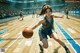 A girl dribbling a basketball on a basketball court.