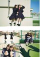 A couple of girls in school uniforms posing for a picture.